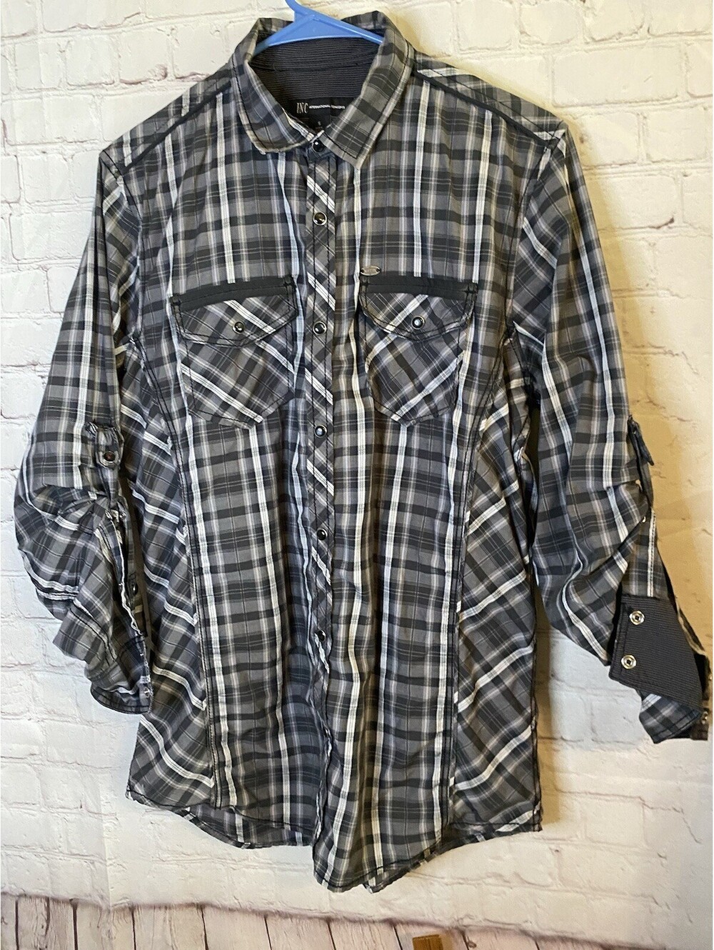 INC Men's Plaid Shirt Large Long Sleeve Button Up Black Gray with Metallic